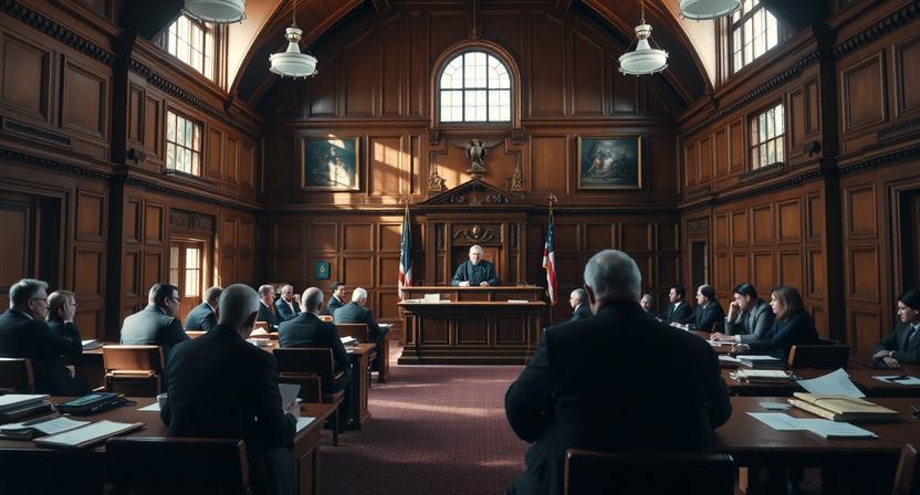 Courtroom scene with judge presiding.