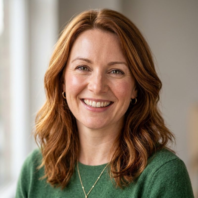 Smiling woman in green sweater